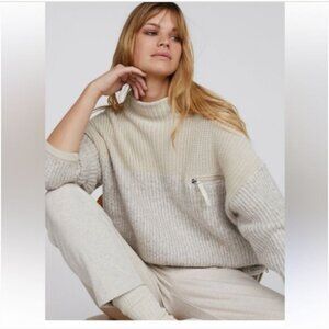 Varley Grey Cream Two-Tone Ribbed Mock Neck Oversized Slouchy Darwell Sweater S